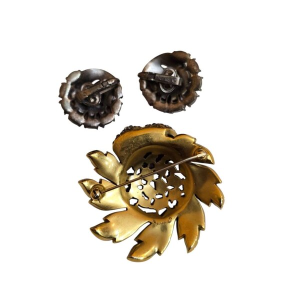 Alfred Philippe Trifari Rare Diamonte Flower Brooch & Clip-On Earrings Set - Picture 10 of 13